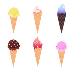 Ice cream icon set Vector illustration in flat design Six different ice cream scoops in waffle cones