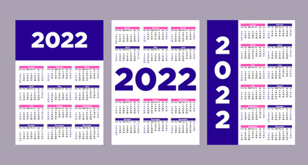 Set of 2022 calendar template Vector illustration Annual pocket calendar concepts on purple-white background Flat design