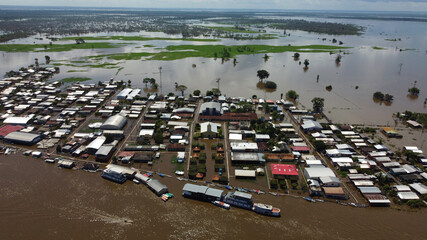 Aerial view of a big flood in Careiro da Varzea, near the city of Manaus, Amazonas state, during the rise of Negro River waters due to heavy rains and La Nina phenomenon in Brazil.