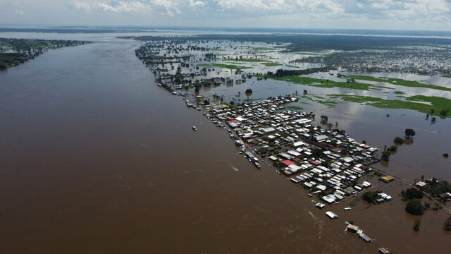 Aerial view of a big flood in Careiro da Varzea, near the city of Manaus, Amazonas state, during the rise of Negro River waters due to heavy rains and La Nina phenomenon in Brazil.