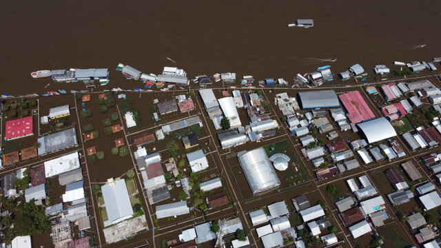 Aerial view of a big flood in Careiro da Varzea, near the city of Manaus, Amazonas state, during the rise of Negro River waters due to heavy rains and La Nina phenomenon in Brazil.