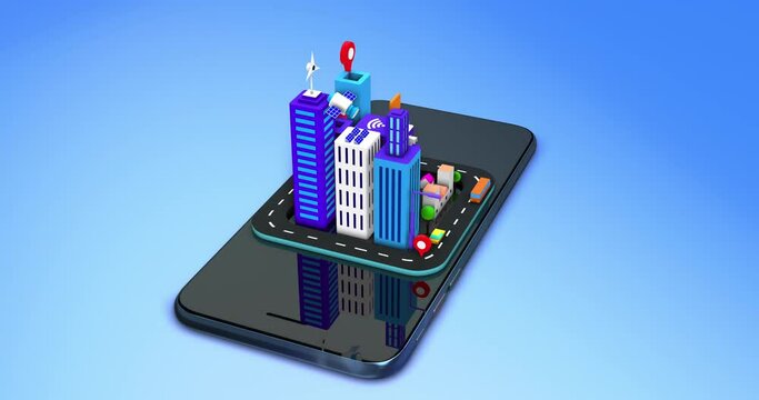 Isometric 3D City Animation On Smart Phone. Futuristic Smart City. Loop. Technology Related 3D 4K Motion Graphics.