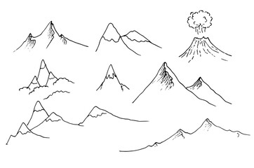 Vector set of isolated contour elements mountain peaks with a volcano are drawn by hand with a black line on a white background. mountain ranges side view simple doodle style drawing for design templa © Анастасия Винтовкина