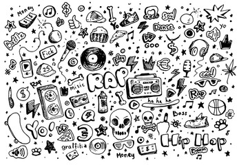 Vector set of street dance and teen music. isolated elements drawn in the doodle style with a black line on a white background for the design template microphone, vinyl record, tape recorder, skateboa