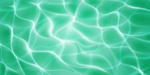 Water surface background with sunlight glares and caustic ripples. Top view. In turquoise colors