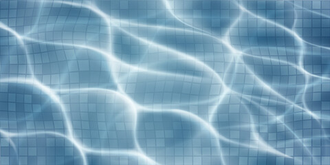 Swimming pool background with mosaic tiles, sunlight glares and caustic ripples. Top view of the water surface. In blue colors
