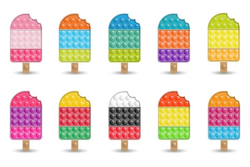 Set of Antistress toys fidget sensory pop it Ice Cream.  Multicolored shiny toys with shadows and flare. - obrazy, fototapety, plakaty