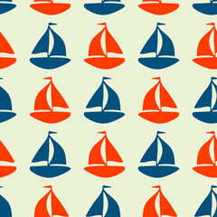 Coastal sail boat drawn seamless pattern. Marine 2 tone yacht ship printed background for interior textiles and modern trendy fashion. Maritime travel all over design vector repeat.
