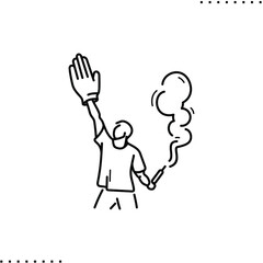 A football fan rises one hand with a big glove and holds a smoke bomb on another hand, vector icon in outline