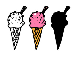 vector set of pink ice cream in a waffle yellow cone with a straw on top and a sprinkle texture with dots drawn by hand in a doodle style with a black isolated line and a silhouette on a white backgro