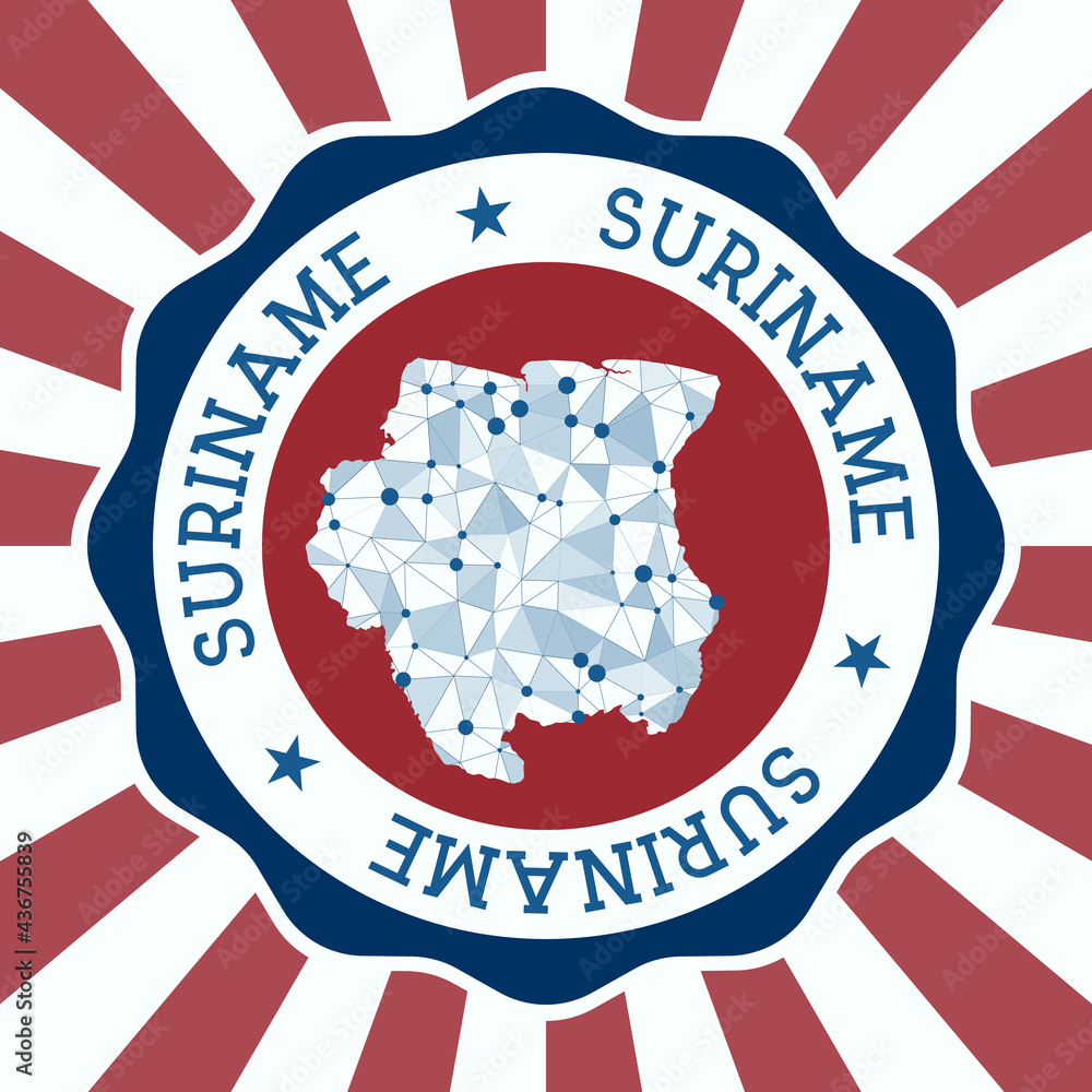 Poster suriname badge. round logo of country with triangular mesh map and radial rays. eps10 vector.