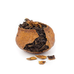 pu-erh tea in tangerine just cracked few pieces of peel isolated front side