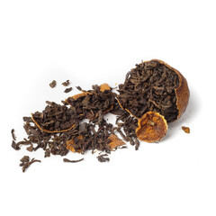 pu-erh tea in tangerine broken chaotic isolated