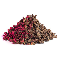 A bunch of pu-erh tea with red light on left side isolated Lao Cha Tou