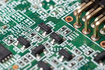 Electronic semiconductor circuit board, close up electrical microchip
