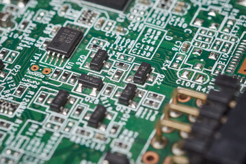 Electronic semiconductor circuit board, close up electrical microchip