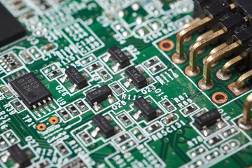 Electronic semiconductor circuit board, close up electrical microchip