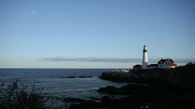 Wide shot pf Portland Head Lighthouse in Maine during a brisk fall day