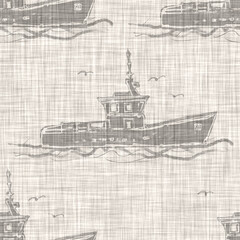 
Beige tonal linen fishing boat motif texture background. Summer coastal living style home decor fabric effect. Decorative maritime ship textile seamless pattern 