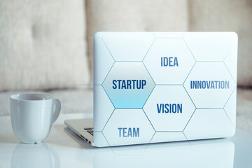 Startup concept with basic terms on laptop background with coffee