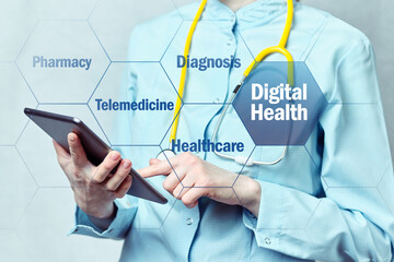 Digital health concept with doctor and tablet on background