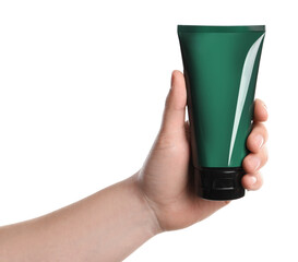 Man holding tube of facial cream isolated on white, closeup. Mockup for design