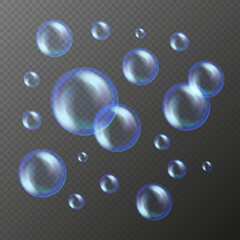 Vector soap bubbles set isolated on black transparent background. Realistic soap bubbles collection with rainbow and glares. Elements for abstract background design. Vector illustration EPS10
