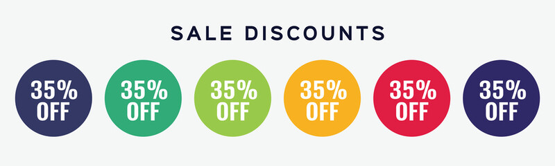 6 circles set with 35 percent symbol, shop icon in various colors. Vector illustration.