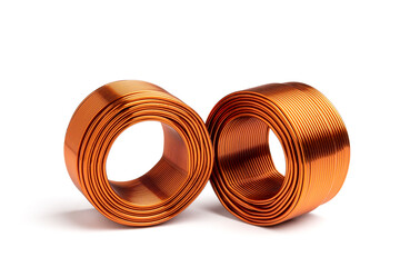 Close up of copper wire coil isolated on white background