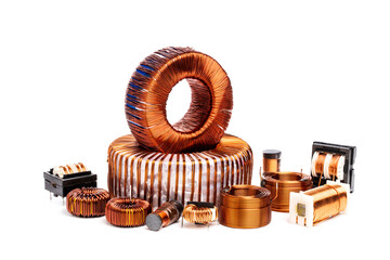Set of electric copper coil inductor isolated on white background - obrazy, fototapety, plakaty