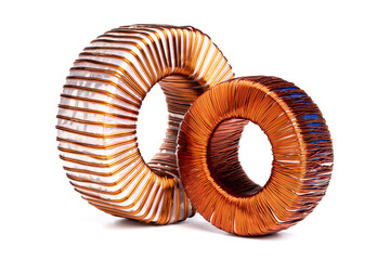 Electric copper coil inductor isolated on white background - obrazy, fototapety, plakaty
