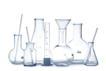 Empty clean laboratory glassware on white background