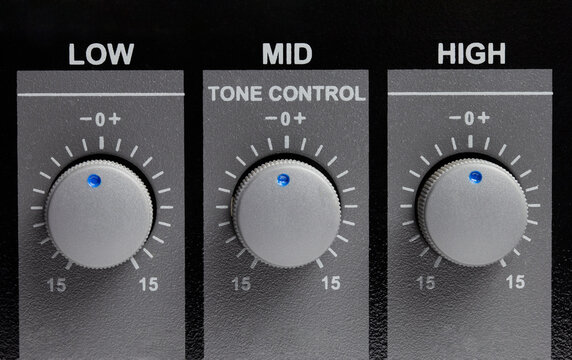 Front of amplifier tone control knobs, Close up shot