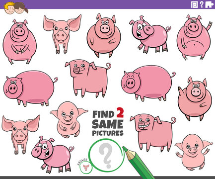 find two same cartoon pigs farm animals educational game