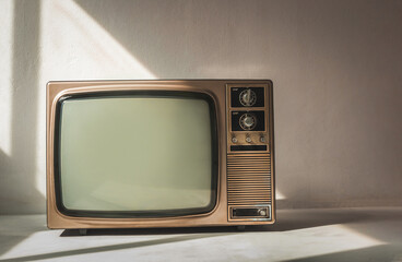 Retro old television with empty screen on cement floor in a white room. Vintage TV technology, front view
