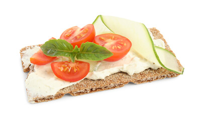 Fresh rye crispbread with cream cheese and vegetables isolated on white