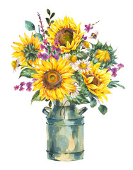 Watercolor rustic farmhouse sunflower bouquet, vintage jug, vase