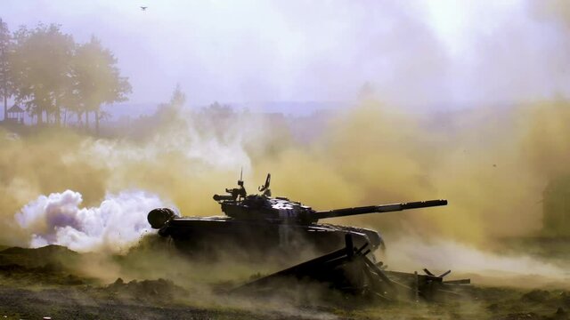 Shooting russian tank, T 72 attack, Tank rides, dust, smoke, military action, armed conflict, outbreak of aggression