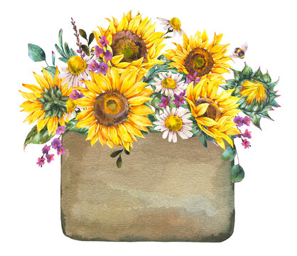 Watercolor Rustic Farmhouse Sunflower Label. Wildflowers, Meadow Flowers Bouquet.