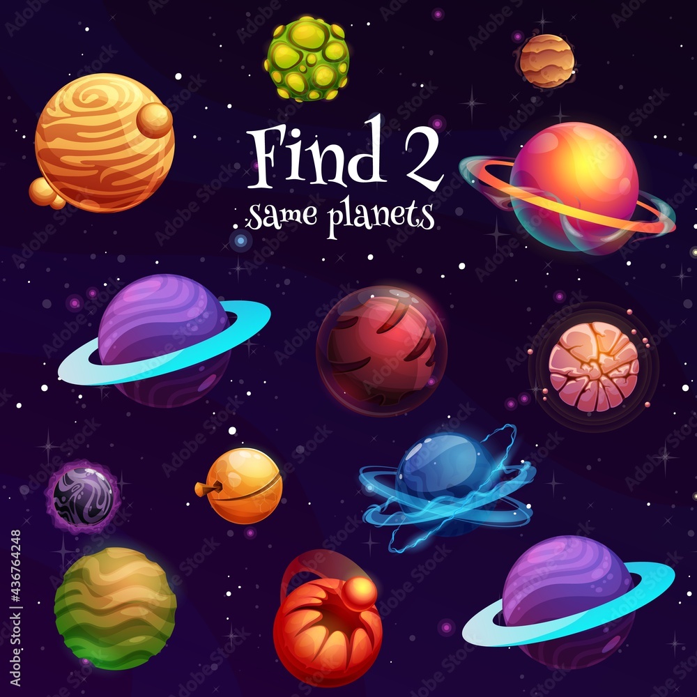 Aufkleber kids game of find two same space planets. vector education puzzle or riddle, memory game or maze wit