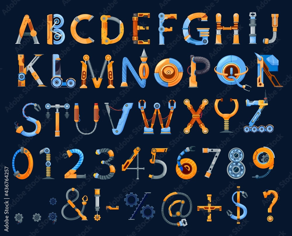 Poster cartoon mechanics and robots font, vector kids alphabet or type, letters, digits and punctuation mar