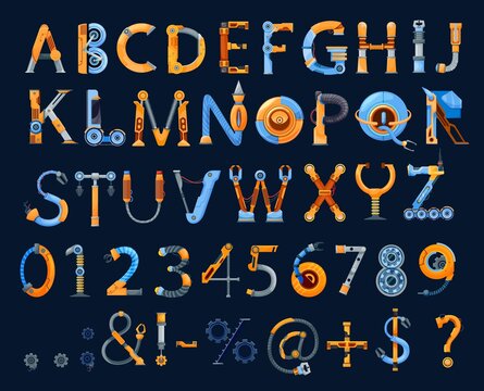 Cartoon mechanics and robots font, vector kids alphabet or type, letters, digits and punctuation marks. Abc uppercase characters made of machine or android cyborg parts, gears and wire
