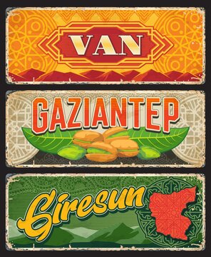 Van, Gaziantep and Giresun Il, Turkey provinces vintage plates or banners. Vector aged travel destination signs. Retro grunge boards, antique worn signboards of touristic Turkish landmarks plaques set