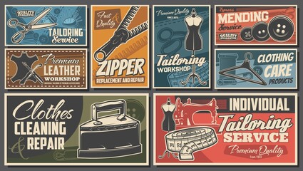 Sewing tailor shop and tailoring atelier workshop, vector retro posters. Dressmaking salon and clothing seamstress services of repair and alternation service, fabrics and sewing accessories shop