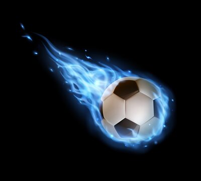 Flying soccer ball with blue fire trails, vector football ball falling in flame or blaze with tongues. Realistic 3d sport inventory, competition or tournament promotion, isolated sports design element