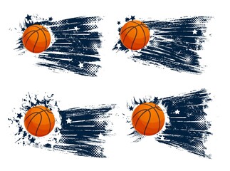 Obraz premium Grunge sport balls of vector basketball game design. Orange rubber balls, basketball team player equipment and court items on blue grunge background with halftone pattern and stars, sport competition