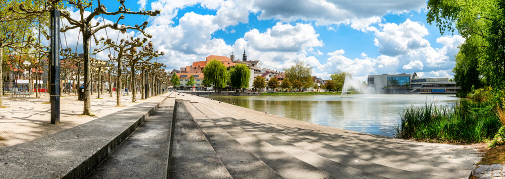 Panorama of the upper lake with view to the city in Böblingen, Germany
