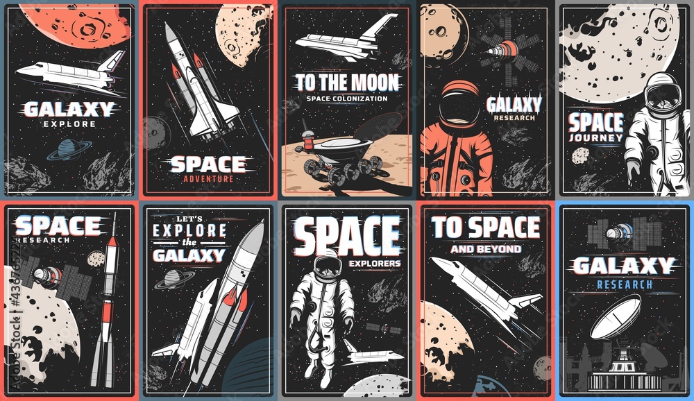 Poster Galaxy and space exploration vector retro posters with glitch effect. Rocket and shuttle in outer space, rover on Moon or Mars surface, astronaut or spaceman and planets, moon and asteroid
