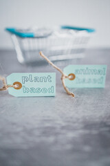 plant-based and animal-based product tags with grocery shopping basket, healthy nutrition and...