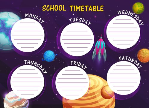 School timetable with cartoon space planets vector background frame. Children education schedule of student lessons, chart, time table or weekly study planner with spaceship flying through space